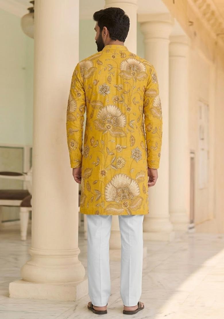 Mustard Printed Organza Kurta Set For Men - Indya