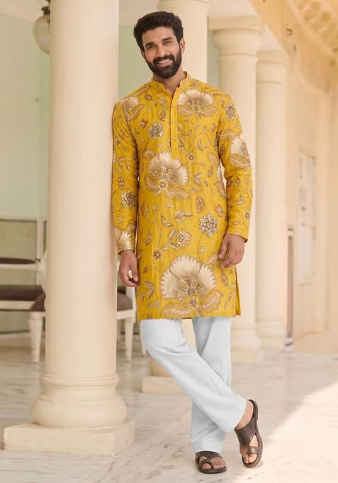 Mustard Printed Organza Kurta Set For Men