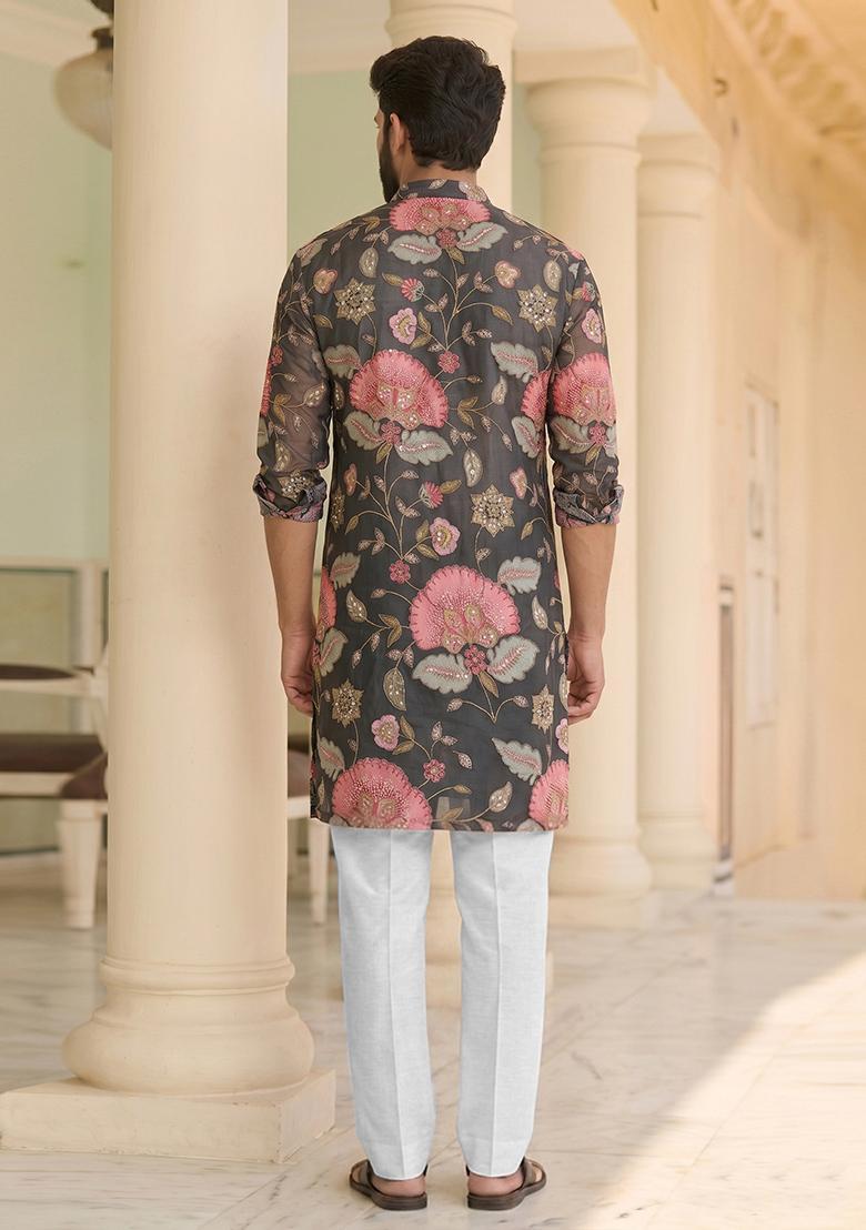 Charcoal Grey Printed Organza Kurta Set For Men - Indya