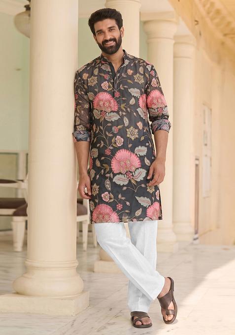 Charcoal Grey Printed Organza Kurta Set For Men