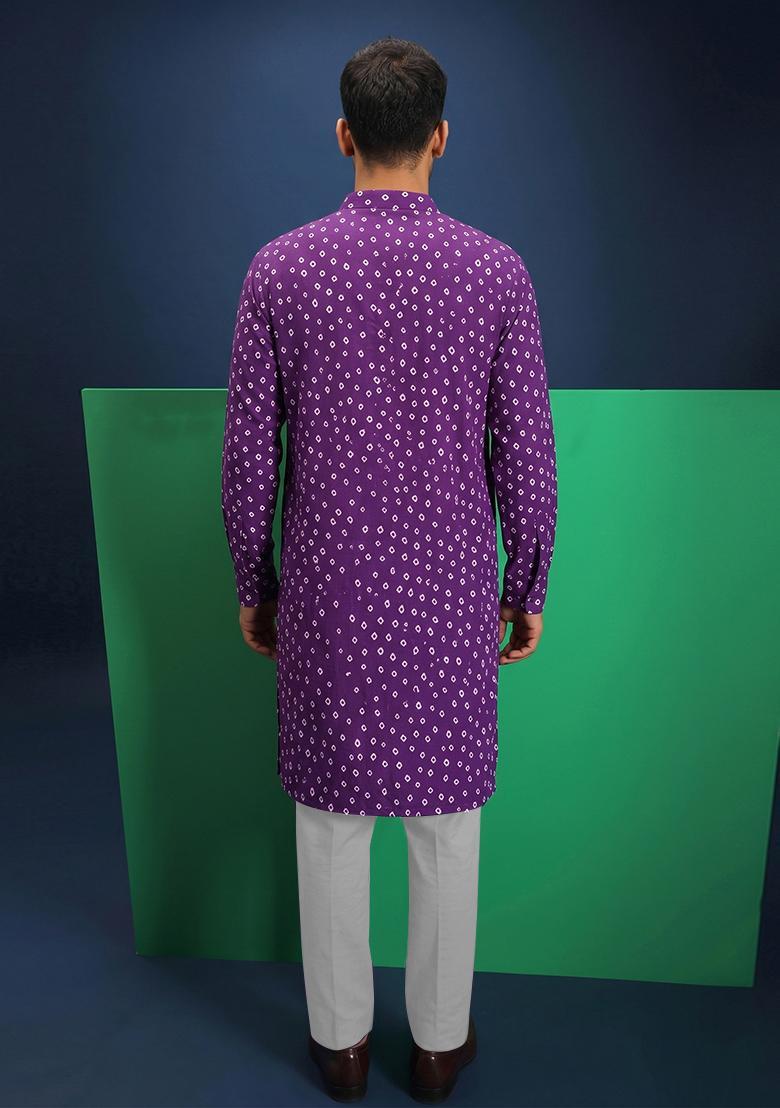 Purple Printed Crepe Kurta Set For Men - Indya