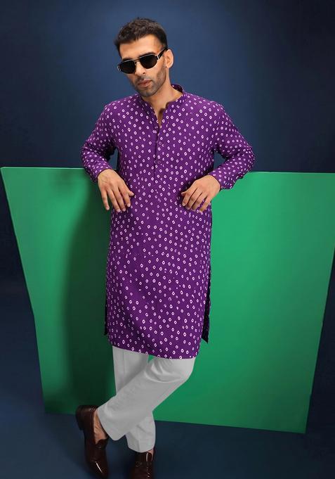 Purple Printed Crepe Kurta Set For Men