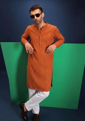 Rust Printed Crepe Kurta Set For Men