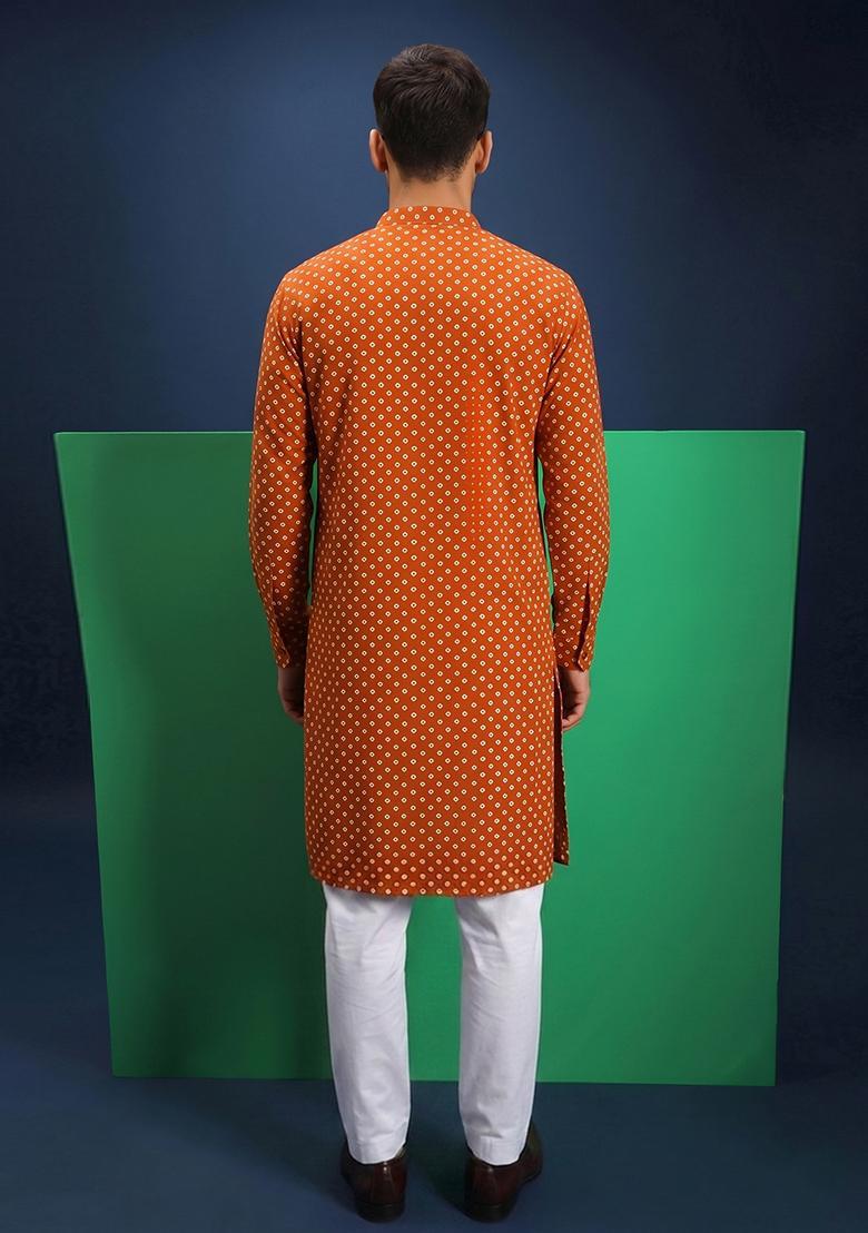 Rust Printed Crepe Kurta Set For Men - Indya