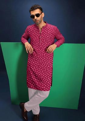 Rani Pink Printed Crepe Kurta Set For Men