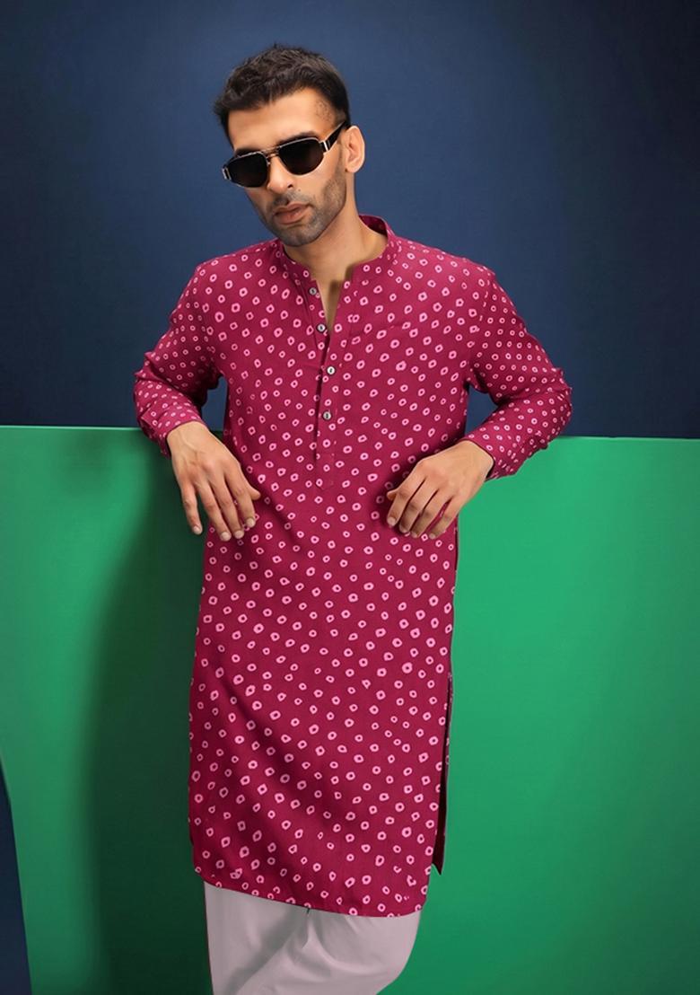 Rani Pink Printed Crepe Kurta Set For Men - Indya