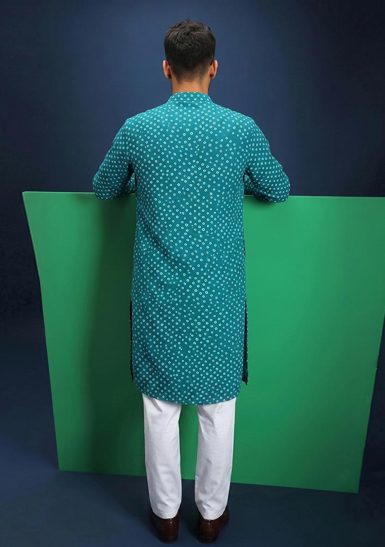 Teal Printed Crepe Kurta Set For Men - Indya