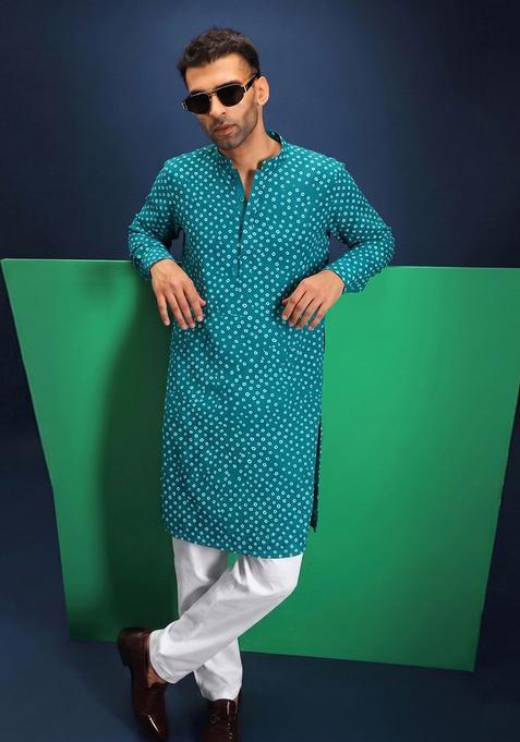 Teal Printed Crepe Kurta Set For Men