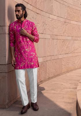Rani Pink Embroidered Crepe Kurta Set For Men