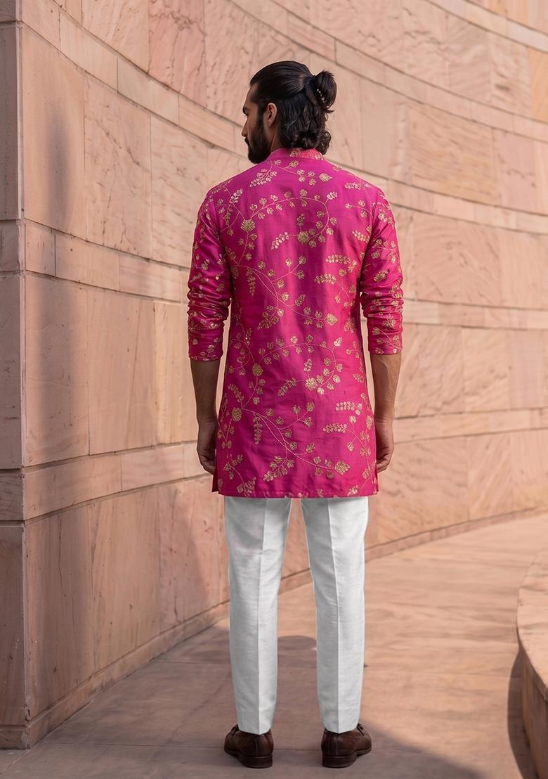 Rani Pink Embroidered Crepe Kurta Set For Men - Indya