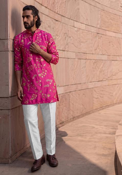 Rani Pink Embroidered Crepe Kurta Set For Men