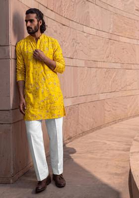 Mustard Embroidered Crepe Kurta Set For Men
