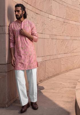 Dusty Rose Embroidered Crepe Kurta Set For Men