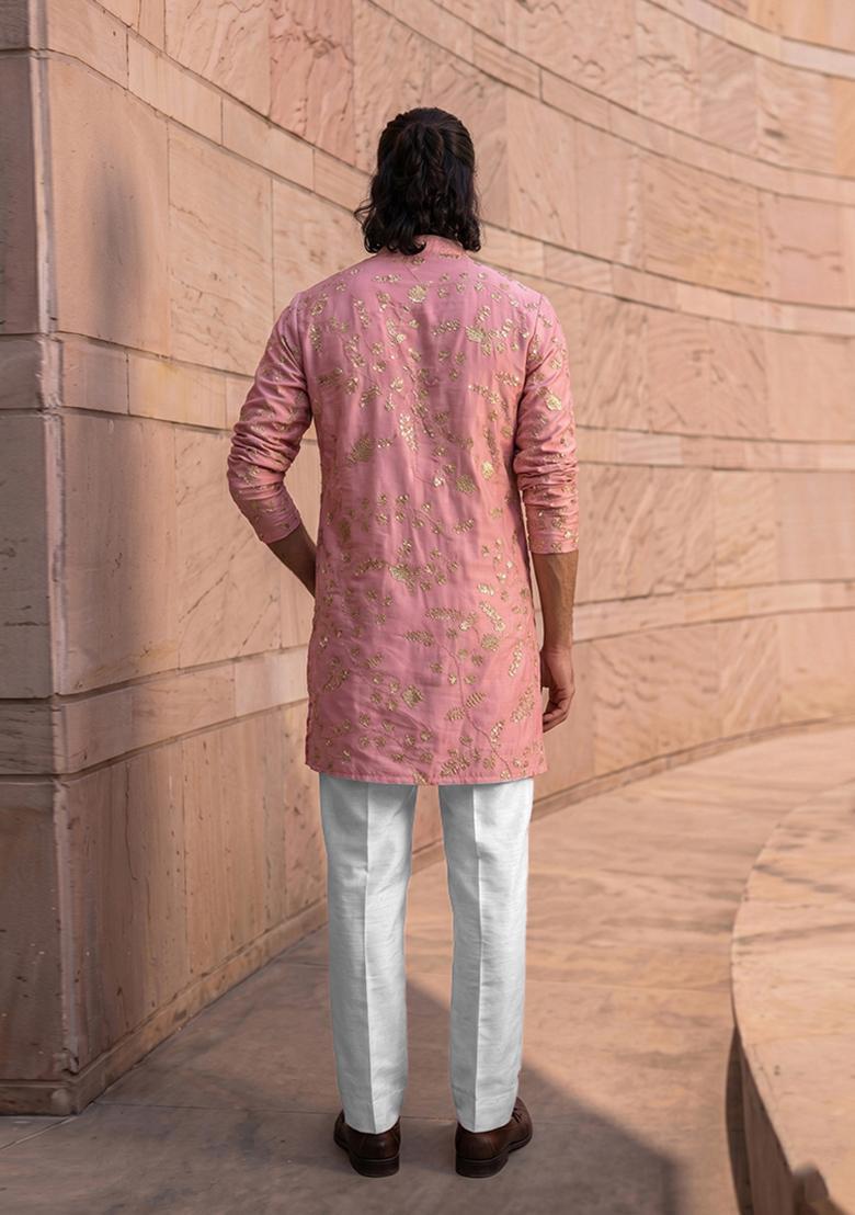 Dusty Rose Embroidered Crepe Kurta Set For Men - Indya