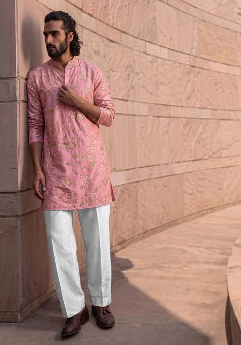Dusty Rose Embroidered Crepe Kurta Set For Men