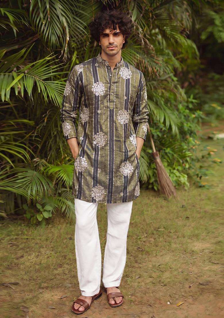 Olive Green Embroidered Tissue Kurta Set For Men - Indya