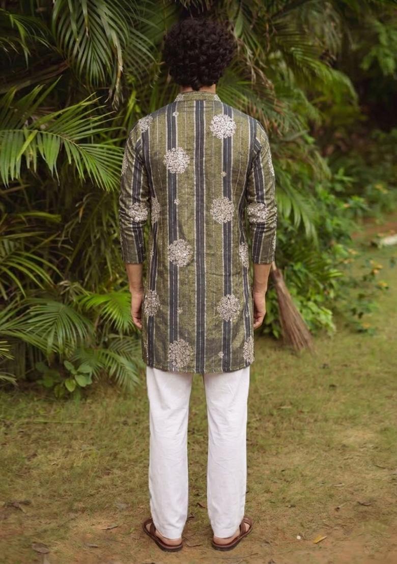Olive Green Embroidered Tissue Kurta Set For Men - Indya