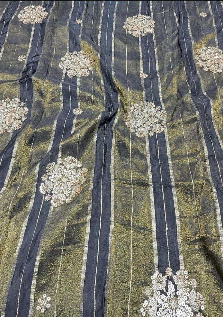 Olive Green Embroidered Tissue Kurta Set For Men - Indya