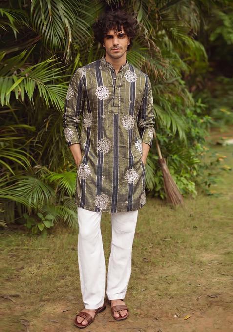 Olive Green Embroidered Tissue Kurta Set For Men