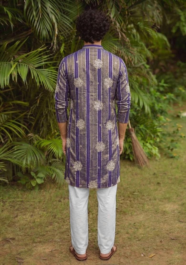 Royal Purple Embroidered Tissue Kurta Set For Men - Indya