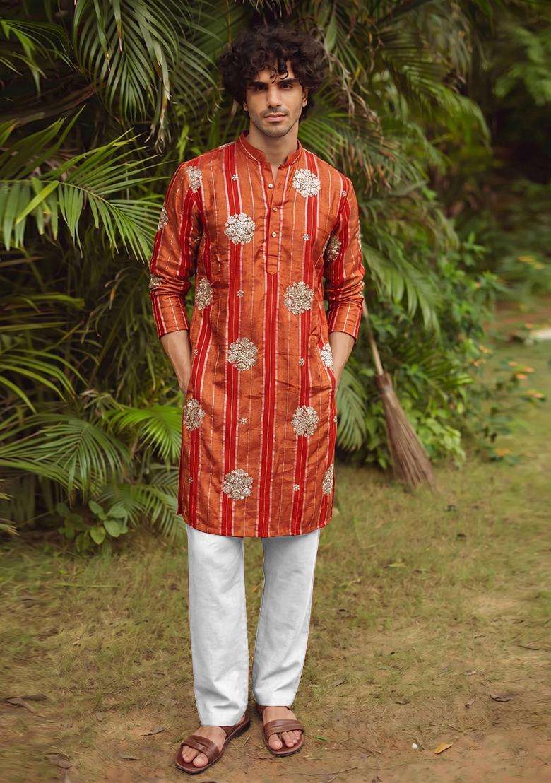 Rust Embroidered Tissue Kurta Set For Men - Indya