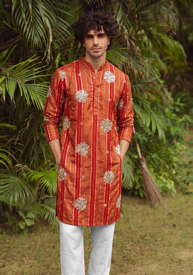 Rust Embroidered Tissue Kurta Set For Men - Indya