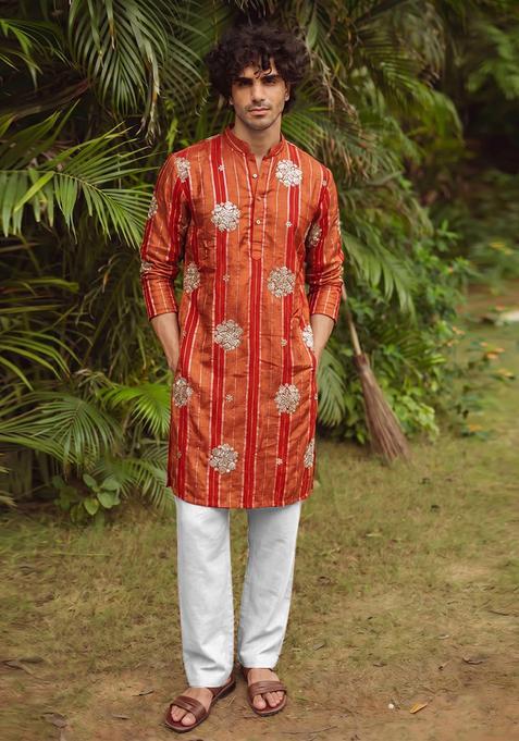 Rust Embroidered Tissue Kurta Set For Men