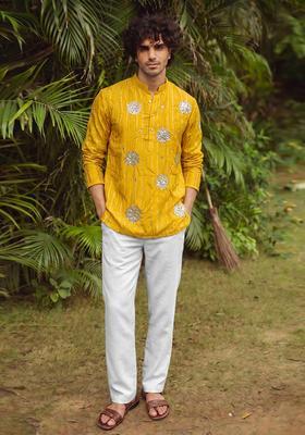 Mustard Embroidered Tissue Fusion Set For Men