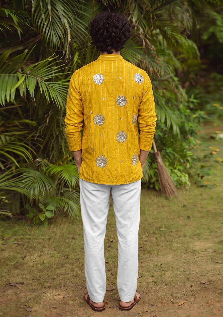Mustard Embroidered Tissue Fusion Set For Men - Indya