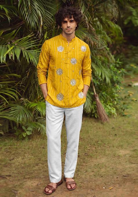 Mustard Embroidered Tissue Fusion Set For Men