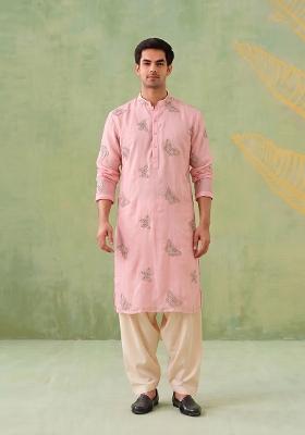 Light Pink Embroidered Organza Kurta Set For Men