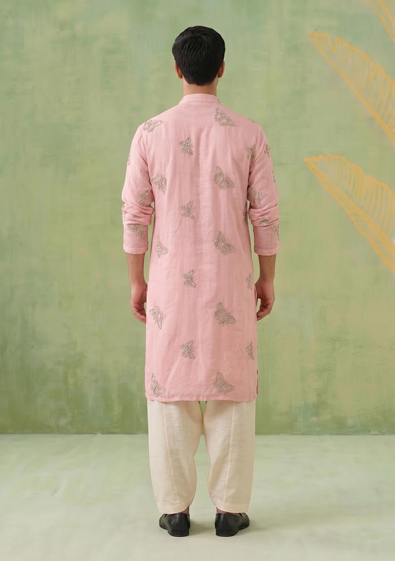 Light Pink Embroidered Organza Kurta Set For Men - Indya