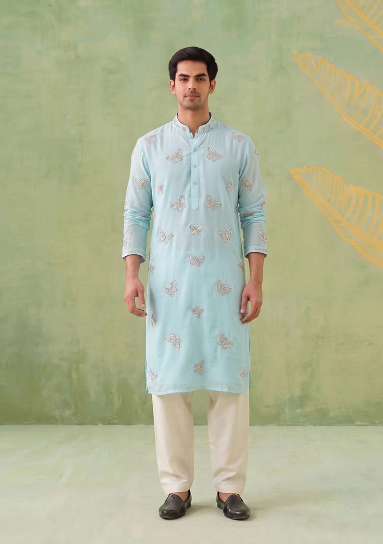 Sky Blue Embroidered Organza Kurta Set For Men - Indya