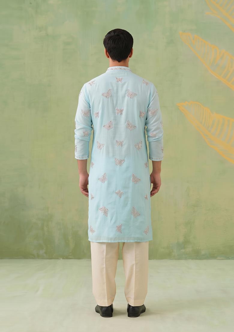 Sky Blue Embroidered Organza Kurta Set For Men - Indya