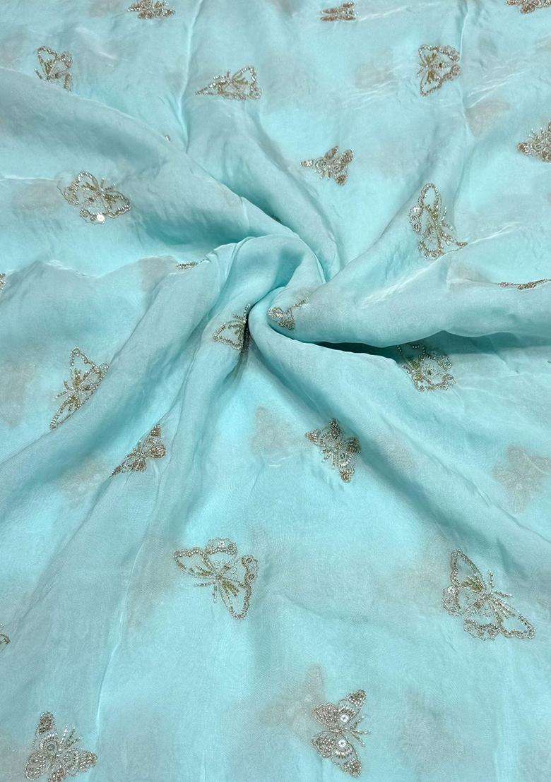 Sky Blue Embroidered Organza Kurta Set For Men - Indya