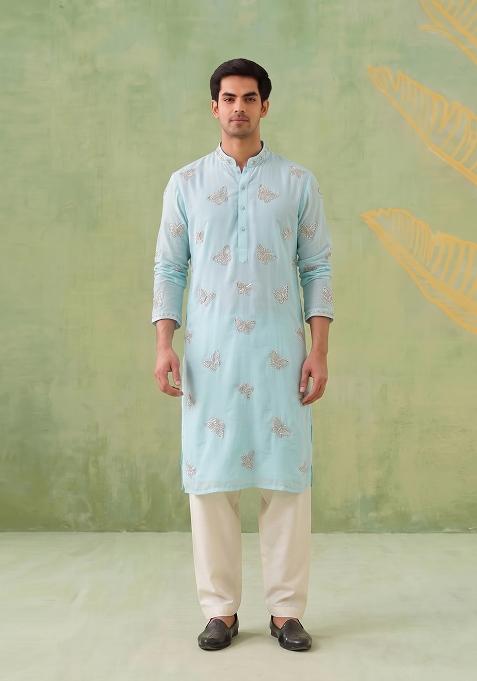 Sky Blue Embroidered Organza Kurta Set For Men