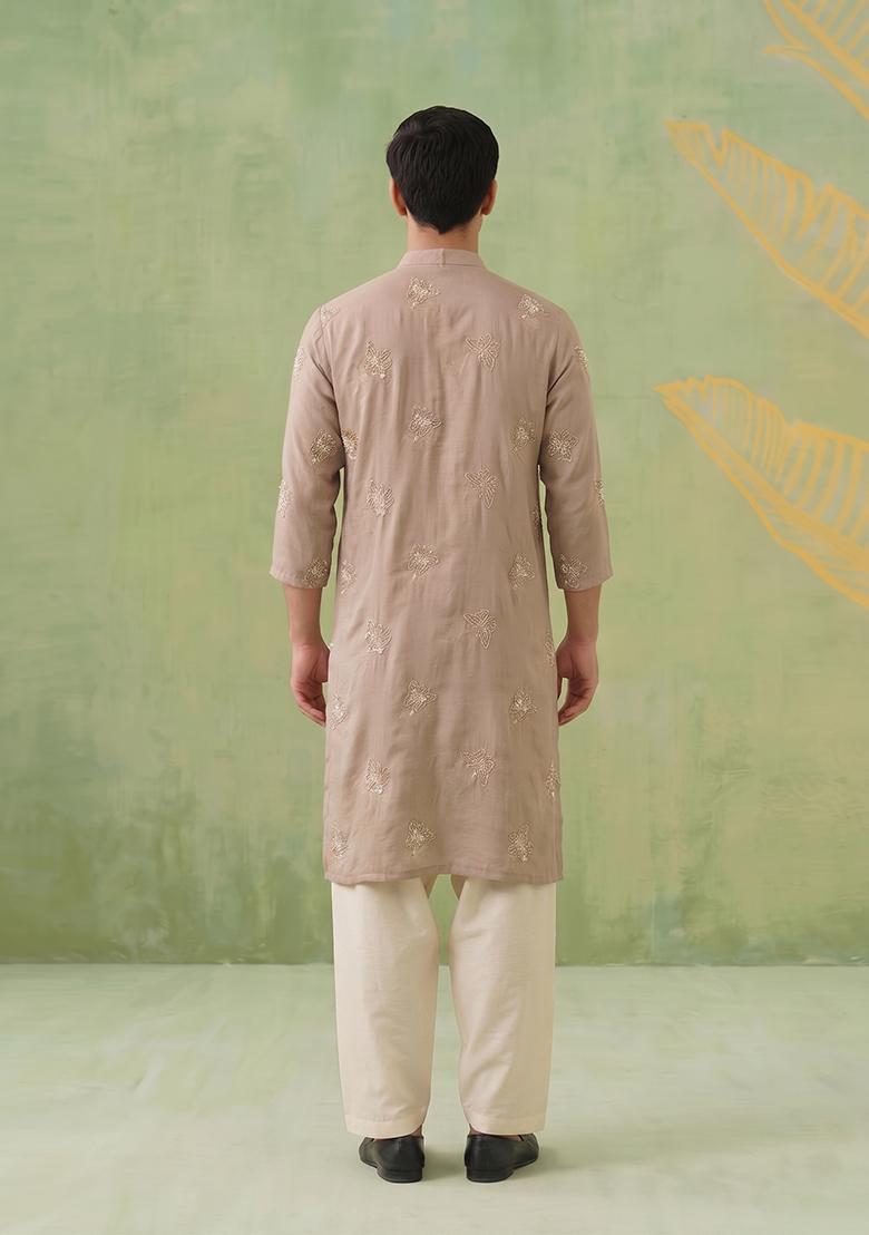 Beige Embroidered Organza Kurta Set For Men - Indya