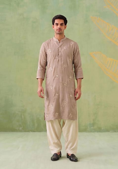 Beige Embroidered Organza Kurta Set For Men