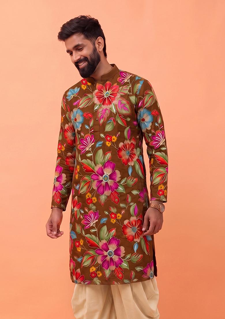 Dark Brown Printed Crepe Fusion Set For Men - Indya