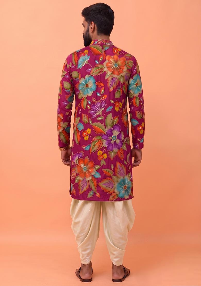Rani Pink Printed Crepe Fusion Set For Men - Indya