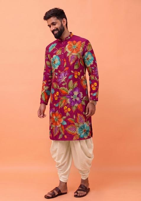 Rani Pink Printed Crepe Fusion Set For Men