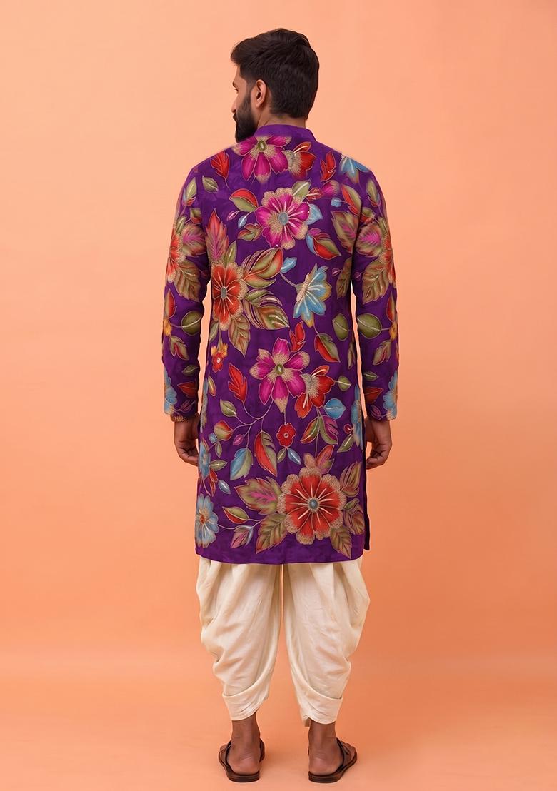Purple Printed Crepe Fusion Set For Men - Indya