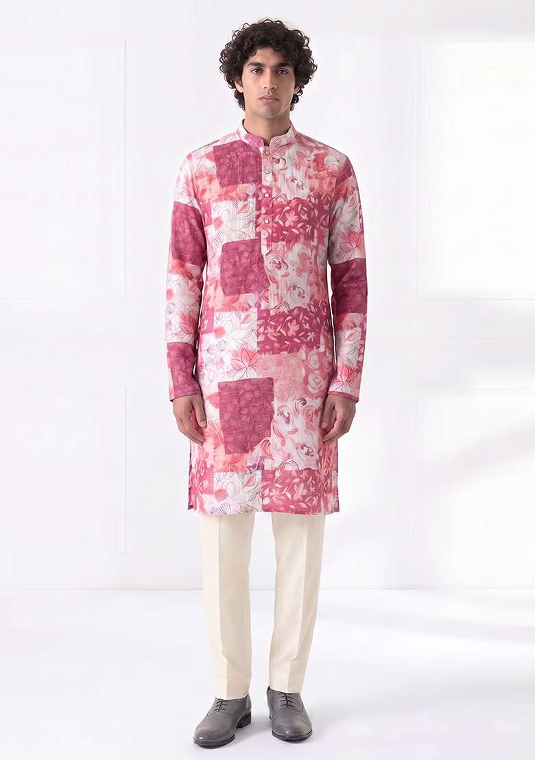 Pink Printed Cotton Kurta Set For Men - Indya