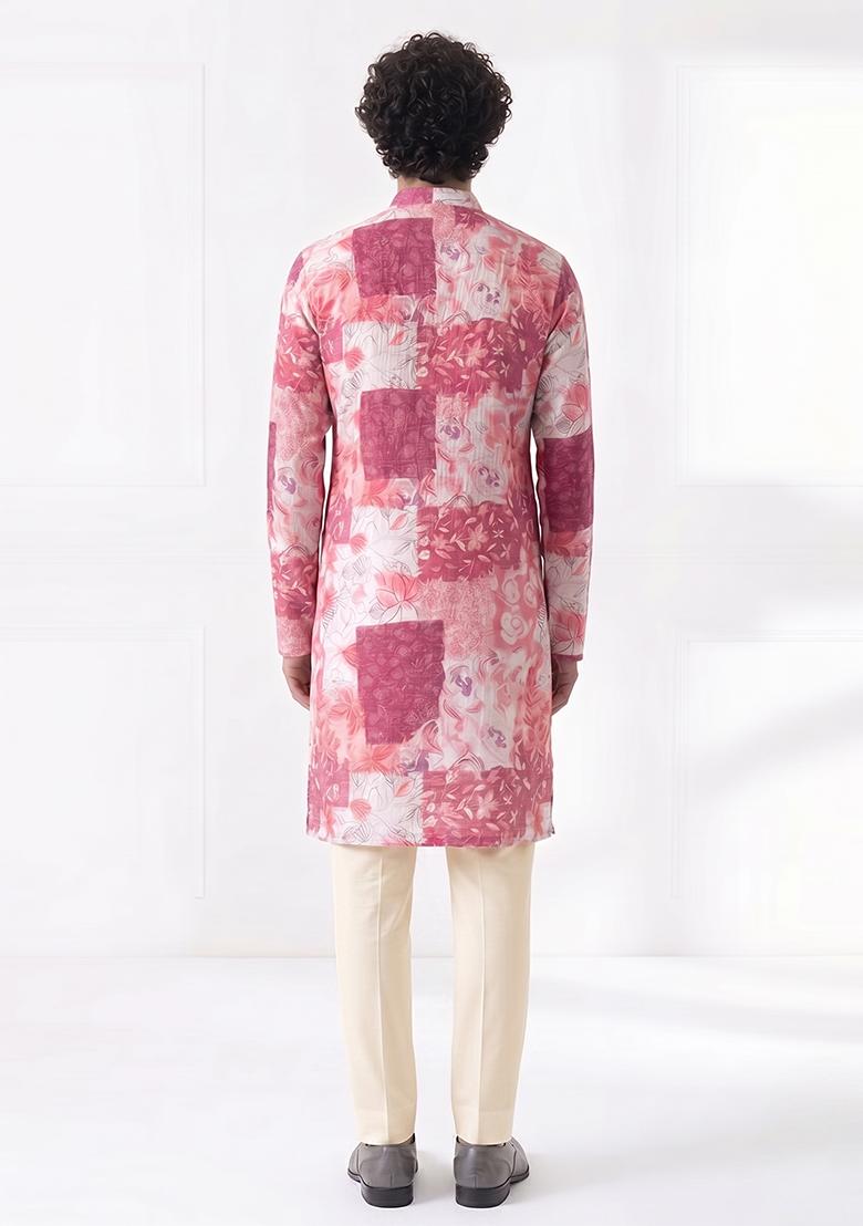 Pink Printed Cotton Kurta Set For Men - Indya