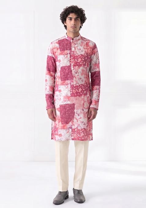 Pink Printed Cotton Kurta Set For Men