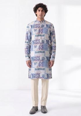 Dusty Blue Printed Cotton Kurta Set For Men