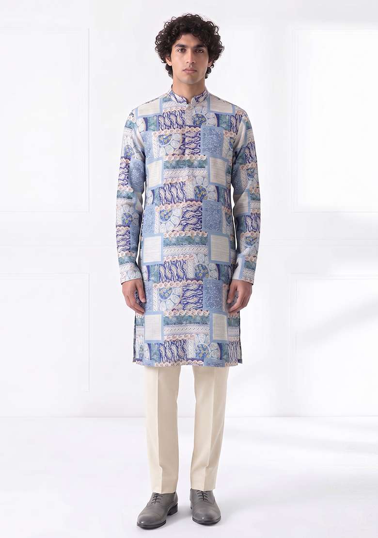 Dusty Blue Printed Cotton Kurta Set For Men - Indya