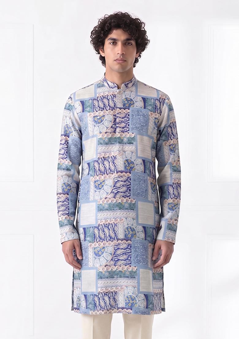 Dusty Blue Printed Cotton Kurta Set For Men - Indya