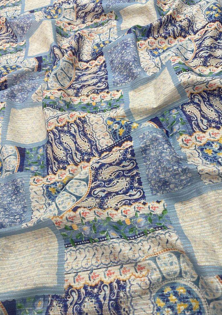 Dusty Blue Printed Cotton Kurta Set For Men - Indya