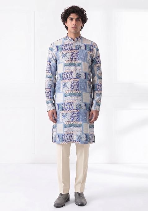 Dusty Blue Printed Cotton Kurta Set For Men